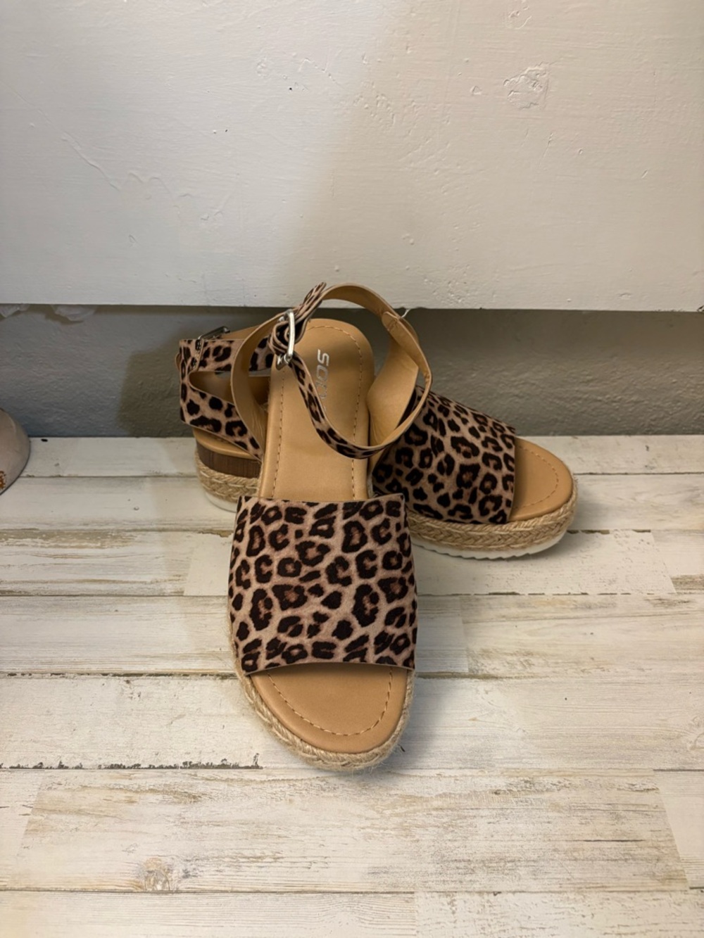 Soda Leopard Print Espadrille Wedge Sandals - Tan/Black